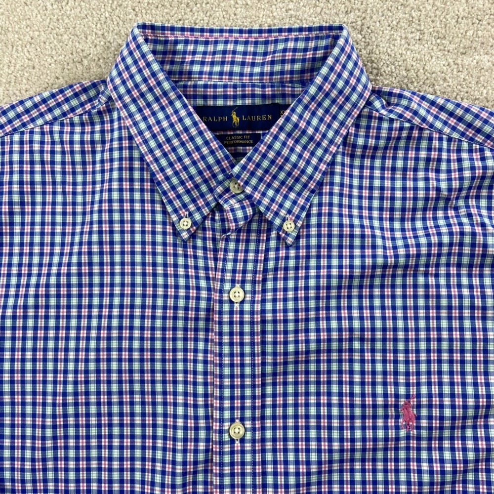 Ralph Lauren Button Down Shirt Mens XXL Blue Pink Check Classic Fit Performance